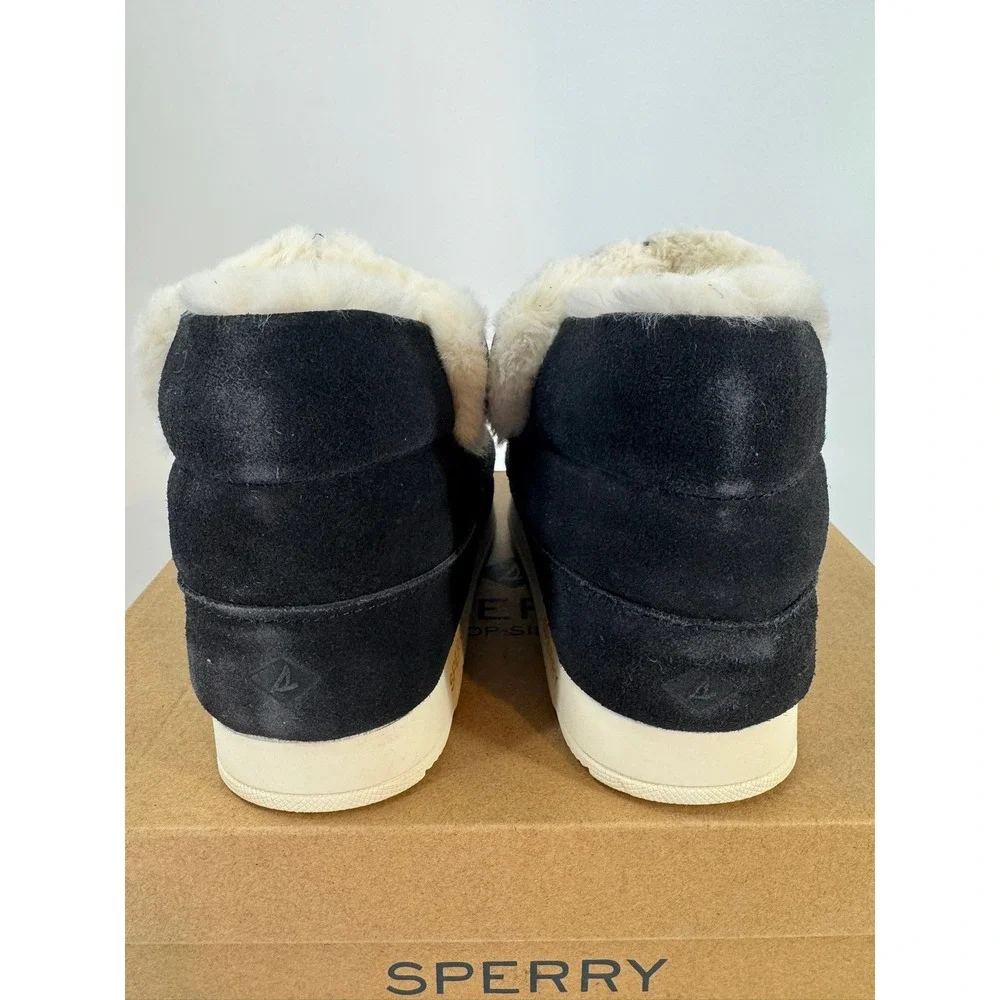 Sperry Mocsider Bootie Black Women's 12M Suede Faux Fur Lined Warm Comfort Shoes